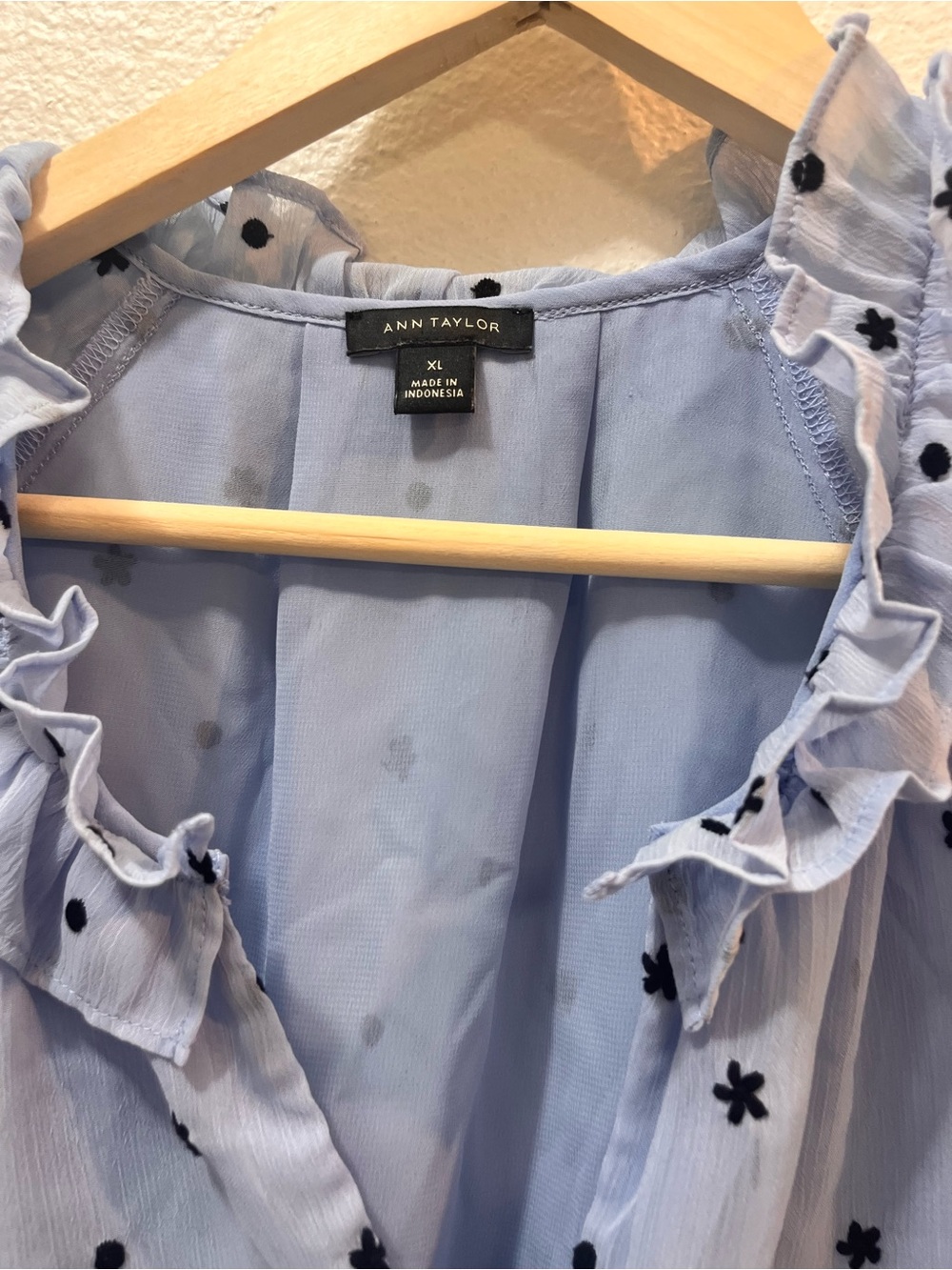 Ann Taylor Light Blue Ruffle Top with Navy Floral Embroidery